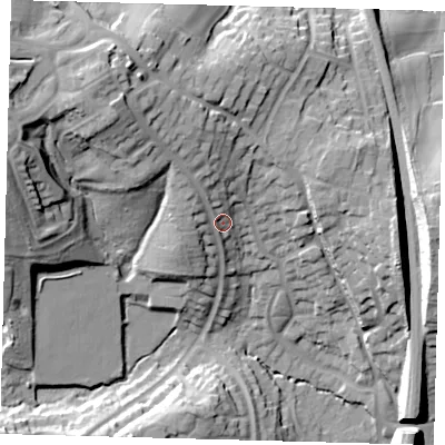 Shaded relief map of the ground around RH161PH, computed from Environment Agency LiDAR. The ground here sits at about 62 m above sea level and falls 39 m across the surrounding 800 m. Surface water reaching this point runs off ground lying to the north-west, 18.3 m higher.