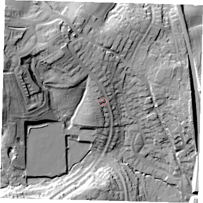 Shaded relief map of the ground around RH161PJ, computed from Environment Agency LiDAR. The ground here sits at about 65 m above sea level and falls 41 m across the surrounding 800 m. Surface water reaching this point runs off ground lying to the north-west, 17.6 m higher.