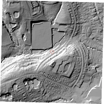 Shaded relief map of the ground around RH161PP, computed from Environment Agency LiDAR. The ground here sits at about 54 m above sea level and falls 39 m across the surrounding 800 m. Surface water reaching this point runs off ground lying to the north-west, 31.4 m higher.