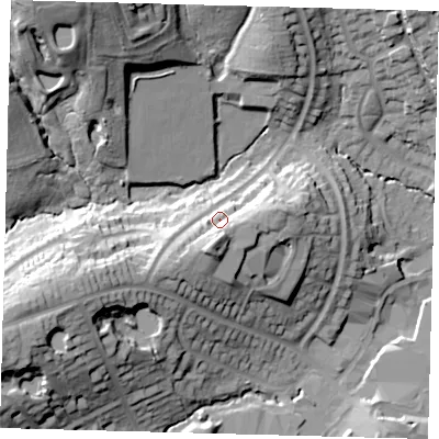 Shaded relief map of the ground around RH161PW, computed from Environment Agency LiDAR. The ground here sits at about 60 m above sea level and falls 36 m across the surrounding 800 m. Surface water reaching this point runs off ground lying to the south-west, 10.8 m higher.