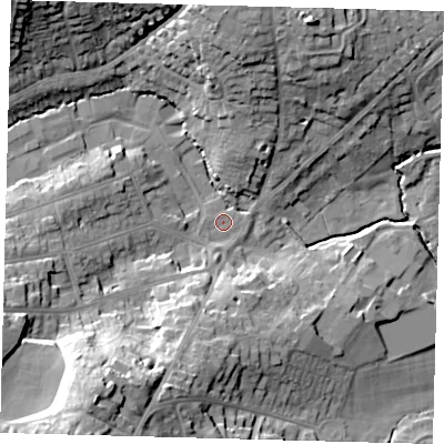 Shaded relief map of the ground around RH161RJ, computed from Environment Agency LiDAR. The ground here sits at about 39 m above sea level and falls 30 m across the surrounding 800 m. Surface water reaching this point runs off ground lying to the south-west, 25.8 m higher.