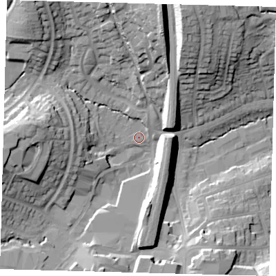 Shaded relief map of the ground around RH161TE, computed from Environment Agency LiDAR. The ground here sits at about 44 m above sea level and falls 29 m across the surrounding 800 m. Surface water reaching this point runs off ground lying to the west-south-west, 10.8 m higher.