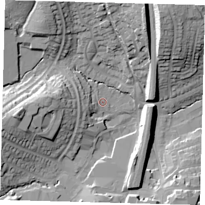 Shaded relief map of the ground around RH161TF, computed from Environment Agency LiDAR. The ground here sits at about 46 m above sea level and falls 28 m across the surrounding 800 m. Surface water reaching this point runs off ground lying to the west, 24.7 m higher.