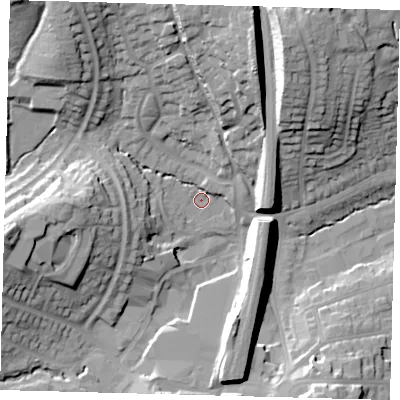 Shaded relief map of the ground around RH161TH, computed from Environment Agency LiDAR. The ground here sits at about 44 m above sea level and falls 29 m across the surrounding 800 m. Surface water reaching this point runs off ground lying to the north-north-east, 24.2 m higher.