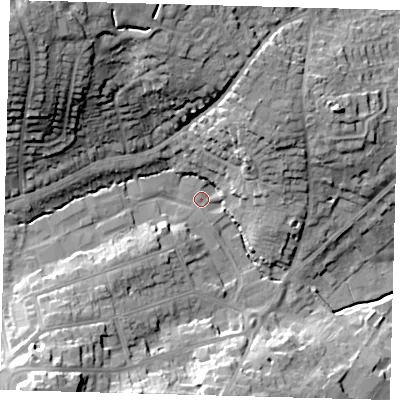 Shaded relief map of the ground around RH161TX, computed from Environment Agency LiDAR. The ground here sits at about 39 m above sea level and falls 33 m across the surrounding 800 m. Surface water reaching this point runs off ground lying to the north-west, 29.6 m higher.