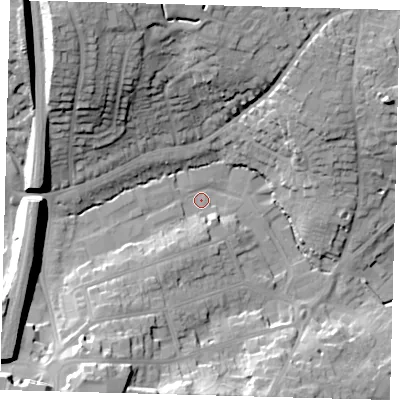 Shaded relief map of the ground around RH161UA, computed from Environment Agency LiDAR. The ground here sits at about 40 m above sea level and falls 33 m across the surrounding 800 m. Surface water reaching this point runs off ground lying to the north-west, 28.8 m higher.