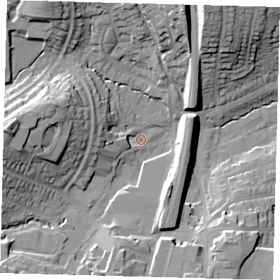Shaded relief map of the ground around RH161UD, computed from Environment Agency LiDAR. The ground here sits at about 44 m above sea level and falls 27 m across the surrounding 800 m. Surface water reaching this point runs off ground lying to the west, 24.7 m higher.