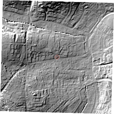 Shaded relief map of the ground around RH162AA, computed from Environment Agency LiDAR. The ground here sits at about 43 m above sea level and falls 22 m across the surrounding 800 m. Surface water reaching this point runs off ground lying to the west-north-west, 7.3 m higher.