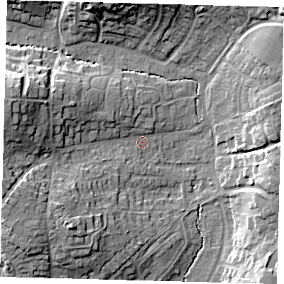 Shaded relief map of the ground around RH162AB, computed from Environment Agency LiDAR. The ground here sits at about 41 m above sea level and falls 22 m across the surrounding 800 m. Surface water reaching this point runs off ground lying to the west-north-west, 17.6 m higher.