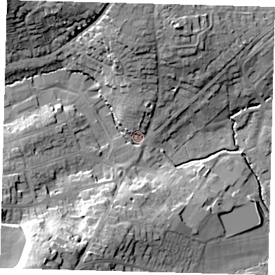 Shaded relief map of the ground around RH162AE, computed from Environment Agency LiDAR. The ground here sits at about 39 m above sea level and falls 30 m across the surrounding 800 m. Surface water reaching this point runs off ground lying to the north-west, 21.7 m higher.