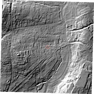 Shaded relief map of the ground around RH162AR, computed from Environment Agency LiDAR. The ground here sits at about 41 m above sea level and falls 22 m across the surrounding 800 m. Surface water reaching this point runs off ground lying to the west-south-west, 15.7 m higher.