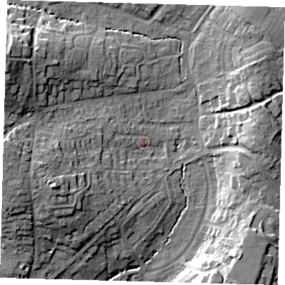 Shaded relief map of the ground around RH162AU, computed from Environment Agency LiDAR. The ground here sits at about 41 m above sea level and falls 22 m across the surrounding 800 m. Surface water reaching this point runs off ground lying to the west-south-west, 15.4 m higher.