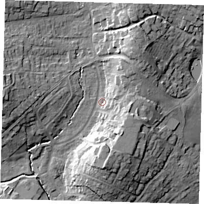 Shaded relief map of the ground around RH162AY, computed from Environment Agency LiDAR. The ground here sits at about 39 m above sea level and falls 18 m across the surrounding 800 m. Surface water reaching this point runs off ground lying to the north-north-east, 11.4 m higher.
