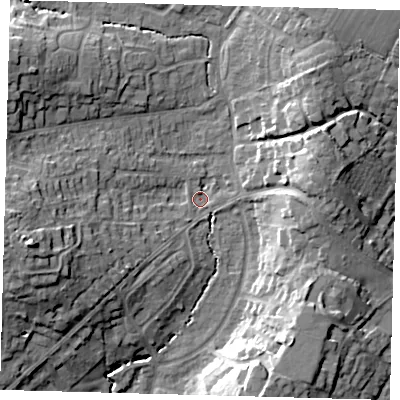 Shaded relief map of the ground around RH162AZ, computed from Environment Agency LiDAR. The ground here sits at about 39 m above sea level and falls 21 m across the surrounding 800 m. Surface water reaching this point runs off ground lying to the west-south-west, 17.7 m higher.