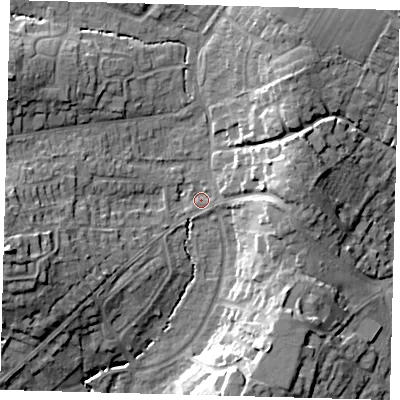 Shaded relief map of the ground around RH162BG, computed from Environment Agency LiDAR. The ground here sits at about 39 m above sea level and falls 20 m across the surrounding 800 m. Surface water reaching this point runs off ground lying to the west-south-west, 17.7 m higher.