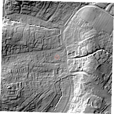 Shaded relief map of the ground around RH162BJ, computed from Environment Agency LiDAR. The ground here sits at about 40 m above sea level and falls 18 m across the surrounding 800 m. Surface water reaching this point runs off ground lying to the west-south-west, 13.4 m higher.