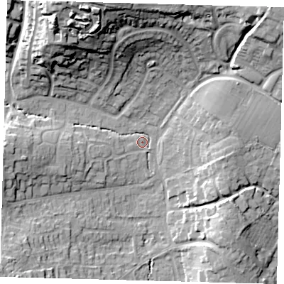 Shaded relief map of the ground around RH162BN, computed from Environment Agency LiDAR. The ground here sits at about 41 m above sea level and falls 32 m across the surrounding 800 m. Surface water reaching this point runs off ground lying to the north-north-west, 29.5 m higher.