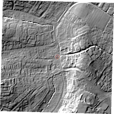 Shaded relief map of the ground around RH162BQ, computed from Environment Agency LiDAR. The ground here sits at about 39 m above sea level and falls 19 m across the surrounding 800 m. Surface water reaching this point runs off ground lying to the north-east, 14.5 m higher.