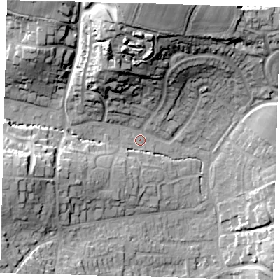 Shaded relief map of the ground around RH162DB, computed from Environment Agency LiDAR. The ground here sits at about 42 m above sea level and falls 34 m across the surrounding 800 m. Surface water reaching this point runs off ground lying to the north, 30.1 m higher.