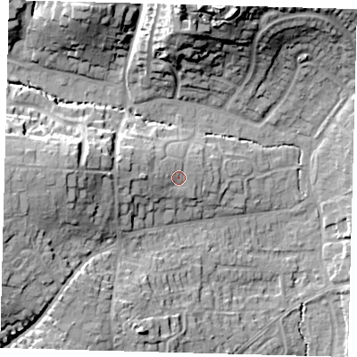 Shaded relief map of the ground around RH162DD, computed from Environment Agency LiDAR. The ground here sits at about 46 m above sea level and falls 29 m across the surrounding 800 m. Surface water reaching this point runs off ground lying to the west, 3.1 m higher.