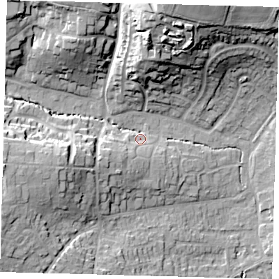 Shaded relief map of the ground around RH162DE, computed from Environment Agency LiDAR. The ground here sits at about 44 m above sea level and falls 33 m across the surrounding 800 m. Surface water reaching this point runs off ground lying to the south-west, 9.4 m higher.