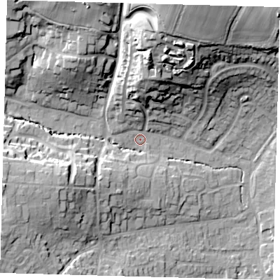 Shaded relief map of the ground around RH162DF, computed from Environment Agency LiDAR. The ground here sits at about 43 m above sea level and falls 35 m across the surrounding 800 m. Surface water reaching this point runs off ground lying to the north-north-east, 31.0 m higher.