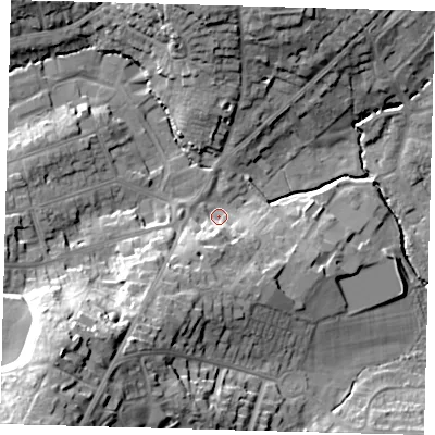 Shaded relief map of the ground around RH162DS, computed from Environment Agency LiDAR. The ground here sits at about 39 m above sea level and falls 33 m across the surrounding 800 m. Surface water reaching this point runs off ground lying to the south-south-west, 15.3 m higher.