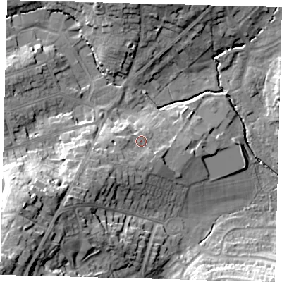 Shaded relief map of the ground around RH162DT, computed from Environment Agency LiDAR. The ground here sits at about 43 m above sea level and falls 36 m across the surrounding 800 m. Surface water reaching this point runs off ground lying to the south-west, 10.2 m higher.