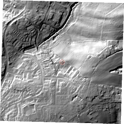 Shaded relief map of the ground around RH162QA, computed from Environment Agency LiDAR. The ground here sits at about 62 m above sea level and falls 41 m across the surrounding 800 m. Surface water reaching this point runs off ground lying to the east, 6.2 m higher.