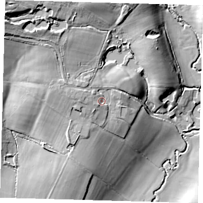 Shaded relief map of the ground around RH162QP, computed from Environment Agency LiDAR. The ground here sits at about 45 m above sea level and falls 35 m across the surrounding 800 m. Surface water reaching this point runs off ground lying to the west-north-west, 5.2 m higher.