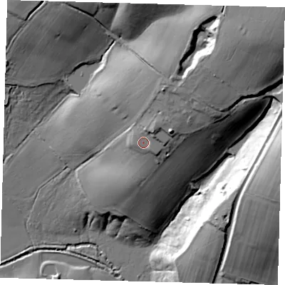 Shaded relief map of the ground around RH162QY, computed from Environment Agency LiDAR. The ground here sits at about 57 m above sea level and falls 48 m across the surrounding 800 m. Surface water reaching this point runs off ground lying to the north-east, 9.5 m higher.