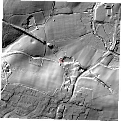 Shaded relief map of the ground around RH162RF, computed from Environment Agency LiDAR. The ground here sits at about 38 m above sea level and falls 33 m across the surrounding 800 m. Surface water reaching this point runs off ground lying to the south-south-west, 23.5 m higher.