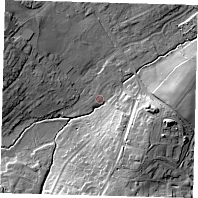 Shaded relief map of the ground around RH162RS, computed from Environment Agency LiDAR. The ground here sits at about 32 m above sea level and falls 19 m across the surrounding 800 m. Surface water reaching this point runs off ground lying to the south, 17.9 m higher.