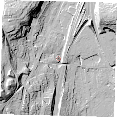 Shaded relief map of the ground around RH16DL, computed from Environment Agency LiDAR. The ground here sits at about 78 m above sea level and falls 55 m across the surrounding 800 m. Surface water reaching this point runs off ground lying to the west-south-west, 14.2 m higher.