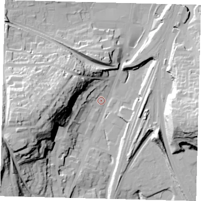 Shaded relief map of the ground around RH16PF, computed from Environment Agency LiDAR. The ground here sits at about 75 m above sea level and falls 53 m across the surrounding 800 m. Surface water reaching this point runs off ground lying to the south-west, 51.6 m higher.