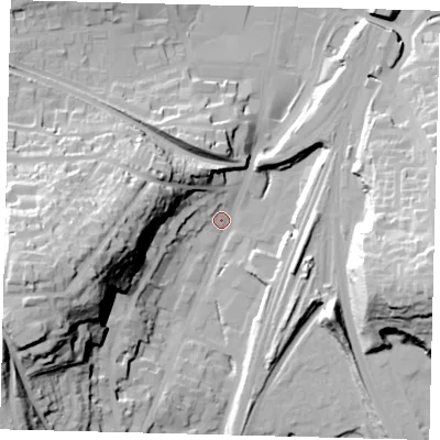 Shaded relief map of the ground around RH16PP, computed from Environment Agency LiDAR. The ground here sits at about 76 m above sea level and falls 48 m across the surrounding 800 m. Surface water reaching this point runs off ground lying to the west-south-west, 48.4 m higher.