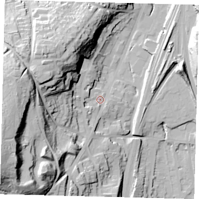 Shaded relief map of the ground around RH16PS, computed from Environment Agency LiDAR. The ground here sits at about 82 m above sea level and falls 71 m across the surrounding 800 m. Surface water reaching this point runs off ground lying to the west-south-west, 61.6 m higher.