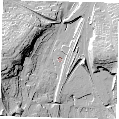 Shaded relief map of the ground around RH16QL, computed from Environment Agency LiDAR. The ground here sits at about 76 m above sea level and falls 49 m across the surrounding 800 m. Surface water reaching this point runs off ground lying to the south-west, 47.6 m higher.