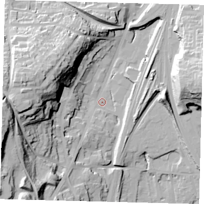 Shaded relief map of the ground around RH16QS, computed from Environment Agency LiDAR. The ground here sits at about 75 m above sea level and falls 57 m across the surrounding 800 m. Surface water reaching this point runs off ground lying to the west-south-west, 55.8 m higher.