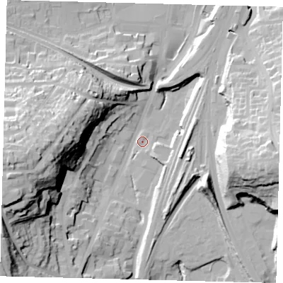 Shaded relief map of the ground around RH16QZ, computed from Environment Agency LiDAR. The ground here sits at about 76 m above sea level and falls 48 m across the surrounding 800 m. Surface water reaching this point runs off ground lying to the west, 47.1 m higher.