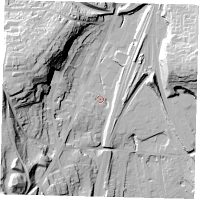 Shaded relief map of the ground around RH16RZ, computed from Environment Agency LiDAR. The ground here sits at about 75 m above sea level and falls 53 m across the surrounding 800 m. Surface water reaching this point runs off ground lying to the south-west, 9.1 m higher.