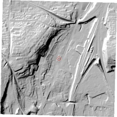 Shaded relief map of the ground around RH16SH, computed from Environment Agency LiDAR. The ground here sits at about 76 m above sea level and falls 67 m across the surrounding 800 m. Surface water reaching this point runs off ground lying to the south-west, 65.7 m higher.