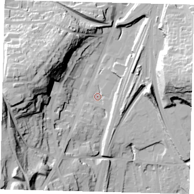 Shaded relief map of the ground around RH16SJ, computed from Environment Agency LiDAR. The ground here sits at about 75 m above sea level and falls 50 m across the surrounding 800 m. Surface water reaching this point runs off ground lying to the south-west, 47.8 m higher.
