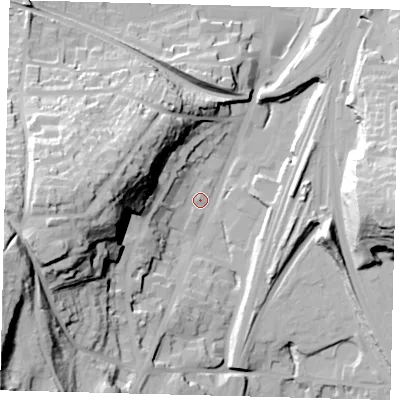Shaded relief map of the ground around RH16YS, computed from Environment Agency LiDAR. The ground here sits at about 75 m above sea level and falls 61 m across the surrounding 800 m. Surface water reaching this point runs off ground lying to the south-west, 59.8 m higher.