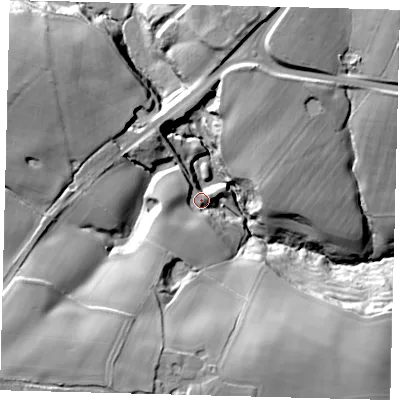 Shaded relief map of the ground around RH175AE, computed from Environment Agency LiDAR. The ground here sits at about 49 m above sea level and falls 40 m across the surrounding 800 m. Surface water reaching this point runs off ground lying to the south-west, 15.4 m higher.