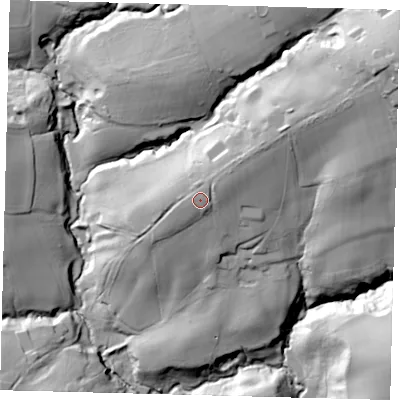 Shaded relief map of the ground around RH175ED, computed from Environment Agency LiDAR. The ground here sits at about 61 m above sea level and falls 52 m across the surrounding 800 m. Surface water reaching this point runs off ground lying to the north-east, 5.0 m higher.