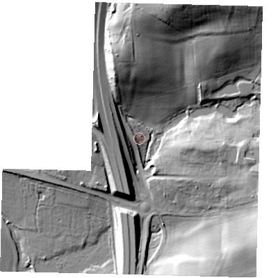 Shaded relief map of the ground around RH175RN, computed from Environment Agency LiDAR. The ground here sits at about 23 m above sea level and falls 29 m across the surrounding 800 m. Surface water reaching this point runs off ground lying to the north-west, 8.7 m higher.