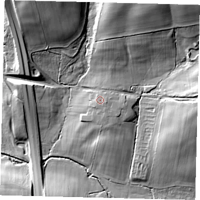 Shaded relief map of the ground around RH176AP, computed from Environment Agency LiDAR. The ground here sits at about 68 m above sea level and falls 35 m across the surrounding 800 m. Surface water reaching this point runs off ground lying to the east-south-east, 1.0 m higher.
