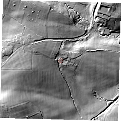 Shaded relief map of the ground around RH176EW, computed from Environment Agency LiDAR. The ground here sits at about 64 m above sea level and falls 30 m across the surrounding 800 m. Surface water reaching this point runs off ground lying to the north-west, 9.9 m higher.