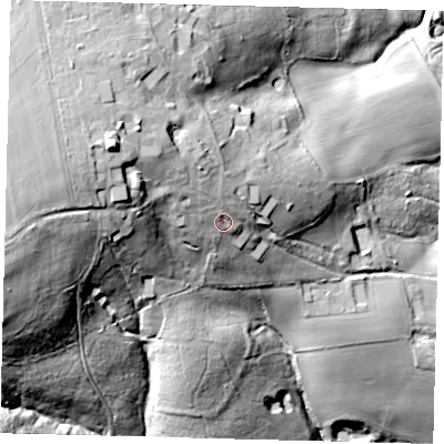 Shaded relief map of the ground around RH176PP, computed from Environment Agency LiDAR. The ground here sits at about 130 m above sea level and falls 60 m across the surrounding 800 m. Surface water reaching this point runs off ground lying to the north-west, 12.0 m higher.